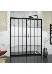 Resim Tekno Duş Black Castor 6mm Yarım Kumlamalı Karolajlı Orta Açılır 2 Sabit 2 Sürgü İki Duvar Arası Duşakabin Şeffaf 