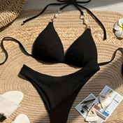 Resim Kadınların düz çizgili dokulu bikini takımı, sahte inci detaylarıyla ayarlanabilir bağcıklı mayo 