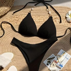 Resim Kadınların düz çizgili dokulu bikini takımı, sahte inci detaylarıyla ayarlanabilir bağcıklı mayo 