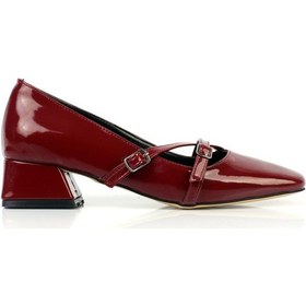 Resim Shoetek Elvinya Kadın Stiletto Kalın Topuklu Çapraz Bantlı Tokalı Küt Burunlu Ayakkabı Bordo Rugan Bordo 