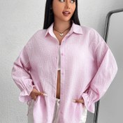 Resim Kadın Çizgili Omuz Uzun Kollu Gömlek, %100 Polyester, Tüm Mevsimler İçin Yaka Yaka, Normal Uzunluk, Düğme Detay, Dokuma Kumaş, 140g/m² - Çok Yönlü Rahat Giyim 