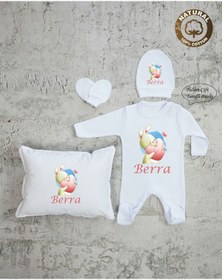 Resim yzc home size dair... K100 Ty Isme Özel Isimli Baskılı Bebek Yastık Tulum Şapka Eldiven Set Hastane Çıkışı 