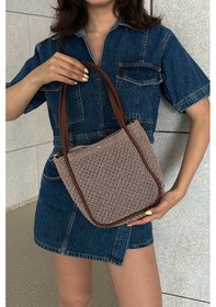 Resim Palma Handmade Midi Hasır Omuz Çantası Vizon Vizon 