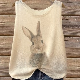 Resim Günlük Yaz Tavşan Baskılı Yarı Şeffaf Yuvarlak Yaka Tank Top - Kabartma Detaylı ve Orta Esneklikte Lavanta Rengi, Katmanlı veya Tek Başına Giyim için Çok Yönlü Kolsuz Üst 