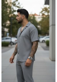 Resim Fifty Color Unisex Trend Bürümcük Krinkıl Kumaş Yazlık Likralı Kısa Kol Gömlek Ve Eşofman Takım Gri 