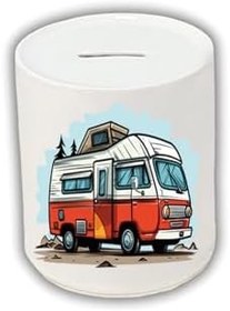 Resim Turuncu Karavan Baskılı Kumbara - Seramik Para Biriktirme Kumbarası 