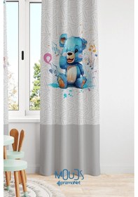 Resim Mavi Ayıcık Desenli Fon Perde Çocuk Ve Bebek Odası Süet Baskılı Ekstrafor Büzgü Tek Kanat Çok Renkli 