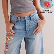 Resim Kadın Yüksek Bel Kot Pantolon - Vintage Mavi Y2K Esnek Orta Uzunluklu Kot Pantolon, Çiçek Nakışlı, Rahat Yaz Pantolonu, Günlük Giyim ve Tatil için Yıkanmış Rahat Koltuk Pantolonu, Rahat Yaz Giyim | Vintage Esinli Pantolon | Bel Bant Detayı, Kot Pantolon 