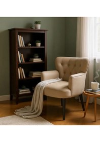 Resim Waterybrook Tekli Berjer Koltuk - Kapitoneli Babyface Kumaş - Siyah Ahşap Ayaklı - Retro Modern Tasarım Vizon 