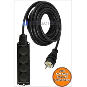 Resim Kauçuk 4'lü Topraklı Grup Priz Uzatma Kablosu 16 Metre 3x2.5 Mm² Ttr Kalın Siyah Kablolu 16 Metre 
