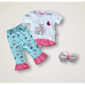 Resim 6-9 9-12 12-18 Ay Ceylanın Rüyası Baskılı Bandanalı Kısa Kollu Sweat 3lü Kız Bebek Takımı Mint Yeşil Mint Yeşili 