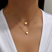 Resim Kadınlar İçin Şık Basit Çift Katmanlı Kolye, Alaşım Kalp ve Daire Pendentler, Günlük Giyim ve Hediye Verme için Çok Yönlü Zincir, Kaplama Yok - Çok Telli Gerdanlık Takı 