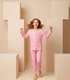 Resim rindahomewear Anne-Kız Puantiye Desenli Örme Düğmeli Uzun Kollu Pijama Takımı 