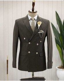 Resim Bys Beystil Sivri Yaka Haki Çizgili Kruvaze Takım Elbise Bezayak036 - Slim Fit 