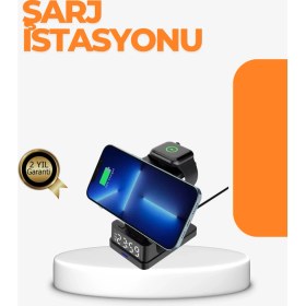Resim Teknodayım 4’ü 1 Arada Kablosuz Şarj Istasyonu – LED Saat Ekranlı, Apple Uyumlu, Akıllı Güvenlik Kor 