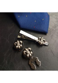 Resim Fleur De Lis Figürlü Geçmeli Kol Düğmesi Ve Kravat İğnesi Seti Gümüş 