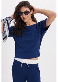 Resim Tudors Kadın Slim Fit Dar Kesim Kısa Kollu Kayık Yaka Lacivert Tişört-50566 
