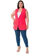 Resim Büyük Beden Tek Düğmeli Süs Cep Kapaklı Coral Astarlı Yelek-coral Nar Çiçeği 