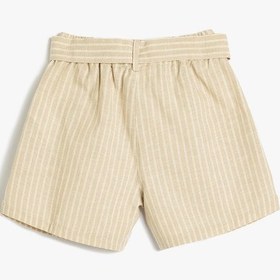 Resim Koton Keten Şort Beli Lastikli Kemer Detaylı Cepli Ekru Çizgili 4skg40179aw Ekru Çizgili Ekru 