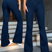 Resim Kadınların Şık Flare Jean, Derin Mavi Yüksek Esnek Rayon Karışımı, Katı Renk Uzun Uzunluk, Düğme Detayı, Tüm Mevsim Dokuma Kumaş, %70 Rayon %27 Polyester %2 Spandex, 378g/m² 