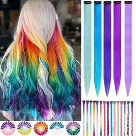 Resim 9 Adet 55.88 cm Takma Saç Uzatma Seti, Karışık Renk Fiber Düz Saç Klips, Anime Temalı, Kolay Tarak, Partiler ve Festivaller için Mükemmel 