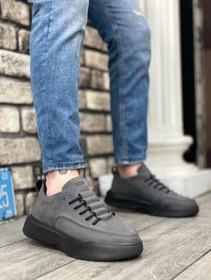 Resim BA0332 Merdiven Desen Bağcıklı Erkek Yüksek Taban Füme Cilt Spor Ayakkabı 
