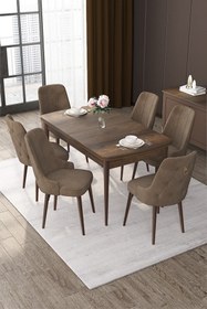 Resim Canisa Nex Serisi 80x132 Mdf Barok Ahşap Desen Gold Detay Masa Takımı Ve 6 Gri Sandalye 