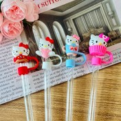 Resim 4 adet Sanrio Hello Kitty 3D Bardak Toz Kapakları - Şeker Plastik İçecek Kapakları ile Pipet Şapkaları, Parti Süslemeleri ve Doğum Günleri ve Tatiller için Hediyeler, İç Mekan ve Dış Mekan Kullanımı için Mükemmel 
