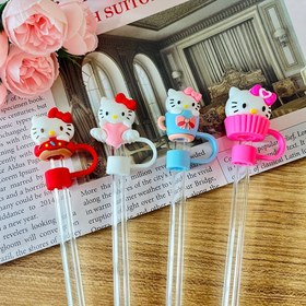 Resim 4 adet Sanrio Hello Kitty 3D Bardak Toz Kapakları - Şeker Plastik İçecek Kapakları ile Pipet Şapkaları, Parti Süslemeleri ve Doğum Günleri ve Tatiller için Hediyeler, İç Mekan ve Dış Mekan Kullanımı için Mükemmel 