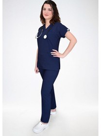 Resim Lacivert Renk Soft Likra Hemşire Hastane Doktor Cerrahi Takım Üni Lacivert 