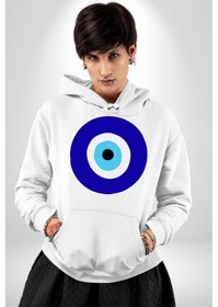 Resim Nazar Boncuğu Kadın Erkek Beyaz Kapüşonlu Sweatshirt Hoodie Beyaz 