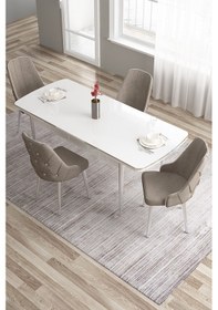 Resim Canisa Tia Serisi 80x132 Açılabilir Mdf Beyaz Krom Detay Yemek Masası Takımı Ve 4 Cappucino Sandalye Masa Beyaz Sandalye Cappucino 