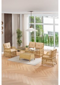 Resim Roma Rattan Bahçe Balkon Takımı 2+1+1 Cam Masalı Cappuccino 