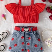 Resim Şık Kızlar Yazlık Kıyafet Seti: Çilek Nakışlı Omuz Açık Üst & Kalp Kemerli Şort - Nefes Alabilen Polyester, Makinede Yıkanabilir, Dış Mekanlar İçin Mükemmel 