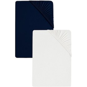 Resim 2 Adet Battal Boy Düz Pamuklu Çift Kişilik 200 X 200 Cm Lastikli Penye Çarşaf Lacivert-beyaz 