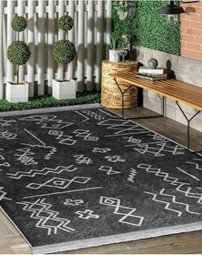 Resim RealHomes Siyah Zeminde Kilim Motifli Beyaz Baklava Desenli Geometrik Etnik Motifler Salon Kaymaz Saçaklı Halı HaliDik-Deluxe-11031, 150 x 300 