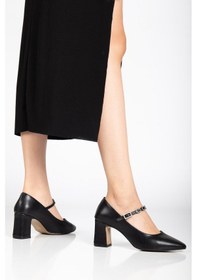 Resim Kadın Stiletto Topuklu Ayakkabı Siyah Suni Deri Baret Taşlı Kalın Topuklu-4171 Siyah 