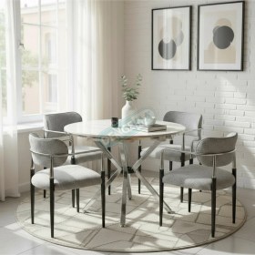 Resim Dengema Zenit Plus Açılır Yuvarlak Masa Takımı Beyaz Mermer Krom Ayak Ø120 160 Cm, 4 Sandalye Beyaz Mermer - Krom Ayak 