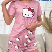 Resim Pembe Renkli, Yuvarlak Yaka, Kısa Kollu ve Şortlu Hello Kitty Karikatür Desenli Uyku Giyim Seti, Rahat Bir Şekilde Sığınmak İçin Mükemmel. 