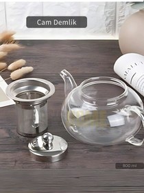 Resim Jet's Home Cam Demlik Borasilikat Demlik Çelik Süzgeçli Çay Demliği Isıya Dayanıklı Bitki Çayı Demlik 800 Ml Şeffaf 