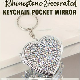 Resim 1 adet Taşlı Kalp Anahtarlık Ayna - Işıltılı Çok Renkli Dekoratif Kompakt Ayna Metal Çerçeve ile, Günlük Kullanım veya Hediye Verme için Mükemmel, Mini Ayna 