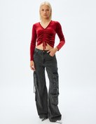 Resim Kadife Crop Tişört Büzgülü V Yaka Uzun Kollu Slim Fit 