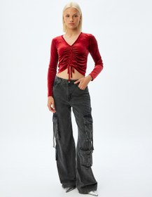 Resim Kadife Crop Tişört Büzgülü V Yaka Uzun Kollu Slim Fit 