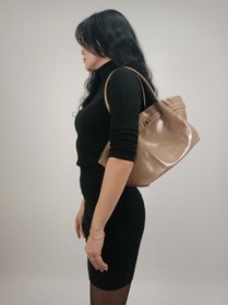 Resim Glemix Celina Vizon Kırışık Deri Kilit Detay Büyük Boy Kadın Omuz Çantası Vizon Kırışık Deri 