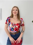 Resim S&A Collectionn Kadın Madonna Yaka Önden Ipli Bağcıklı Gipeli Kısa Kol Desenli Bluz 