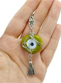 Resim biuti Yeşil Danagözü Nazar Boncuğu Metal Püsküllü Araba Dikiz Ayna Süsü, Metal Örme Çerçeveli 