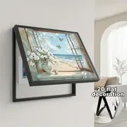 Resim 1 adet 2D Düz Ölçü Kutusu Dekoratif Boyama - Plaj Penceresi Kelebek Tasarımı, Klasik Desen Ev Duvar Sanatı, Dayanıklı Plastik Gizli Elektrik Panosu Kapak, Oturma Odası İçin Elektrik Gerektirmez, Elektrik Panosu Kapak Dekoratif, Sahil Ev Dekoru, Sakin Sanat, Kolay Kurulum, 2D Düz 