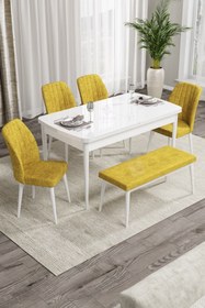 Resim Canisa Concept Rio Serisi Bench'li Beyaz Mdf Mutfak Masası 4 Hardal Sandalye 