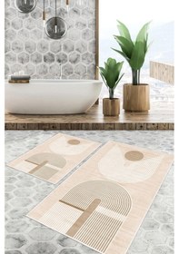 Resim Dijital Baskı Modern Kaymaz Taban 2li Set Banyo Paspası Klozet Takımı 50x60cm-60x100cm Krem 