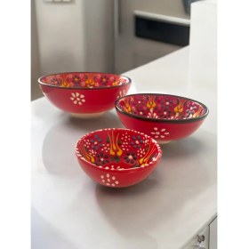 Resim Dekoratif 3 Adet Kırmızı Lale Çini Tasarımlı Tamamen El Yapımı Çerezlik-Sosluk-Kahvaltılık 